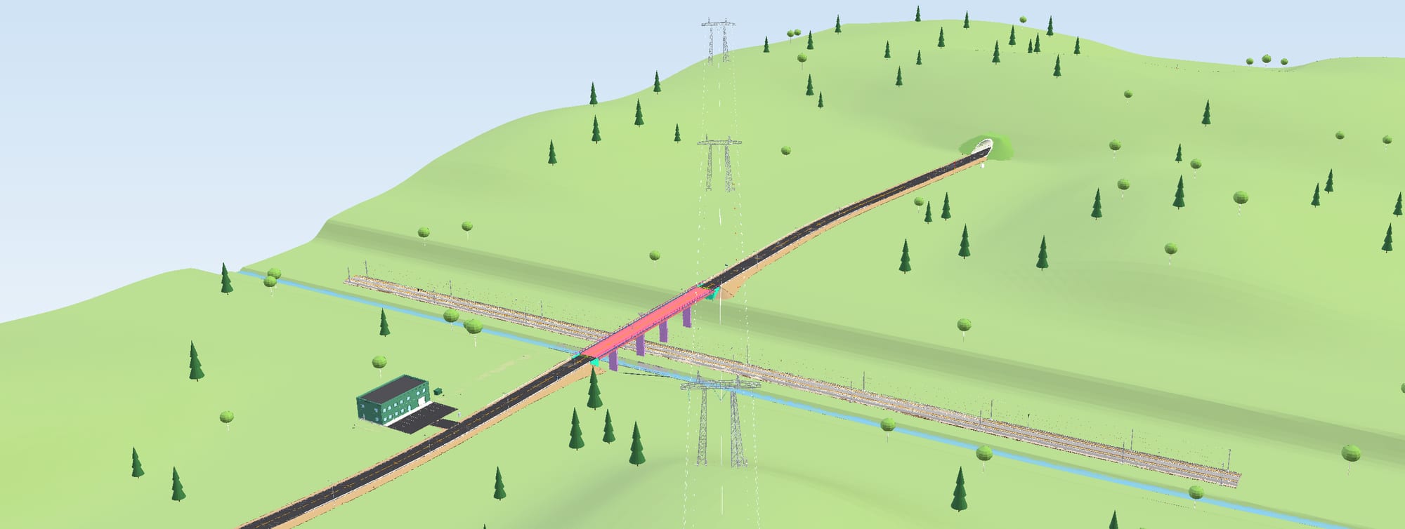 The whole corridor in an IFC viewer: road, bridge, railway, river, power line, depot and tunnel