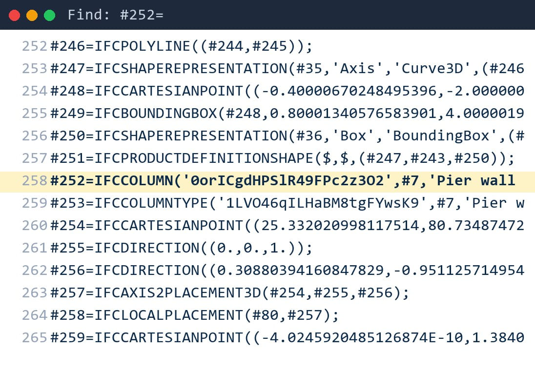 IFC file as plain text with line #252, pier wall P1, highlighted